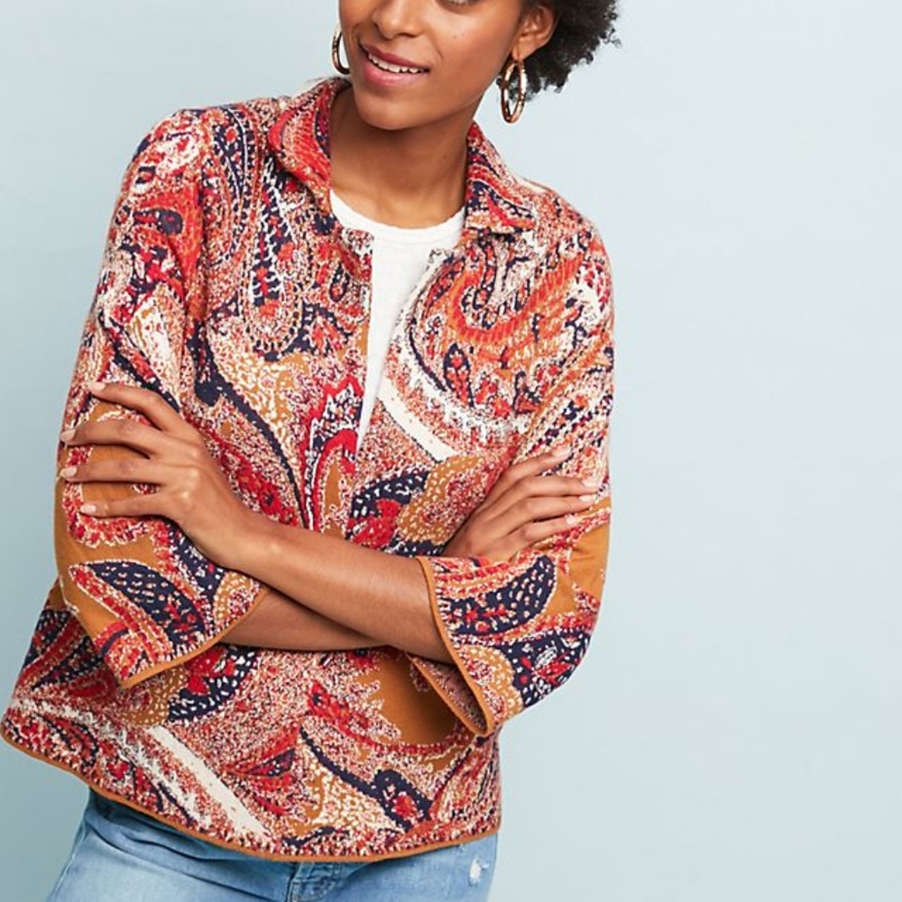 Moth by Anthropologie Paisley Intarsia Knit Soft Blazer, Sz Medium